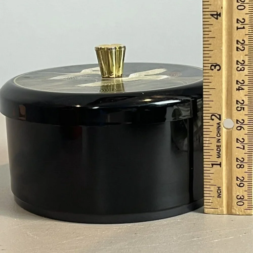 Vintage Japanese Round Trinket Powder Box Black Heron Birds